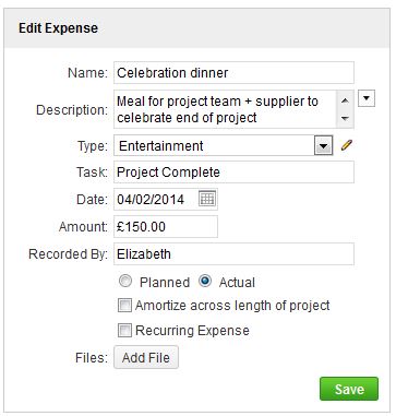Screenshot of entering an expense in ProjectManager.com software