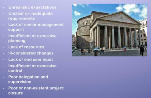 Adrian Dooley's list of why projects fail, illustrated with the Pantheon in Rome