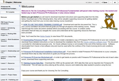 Welcome to Primavera P6 video training, screenshot of welcome screen in software