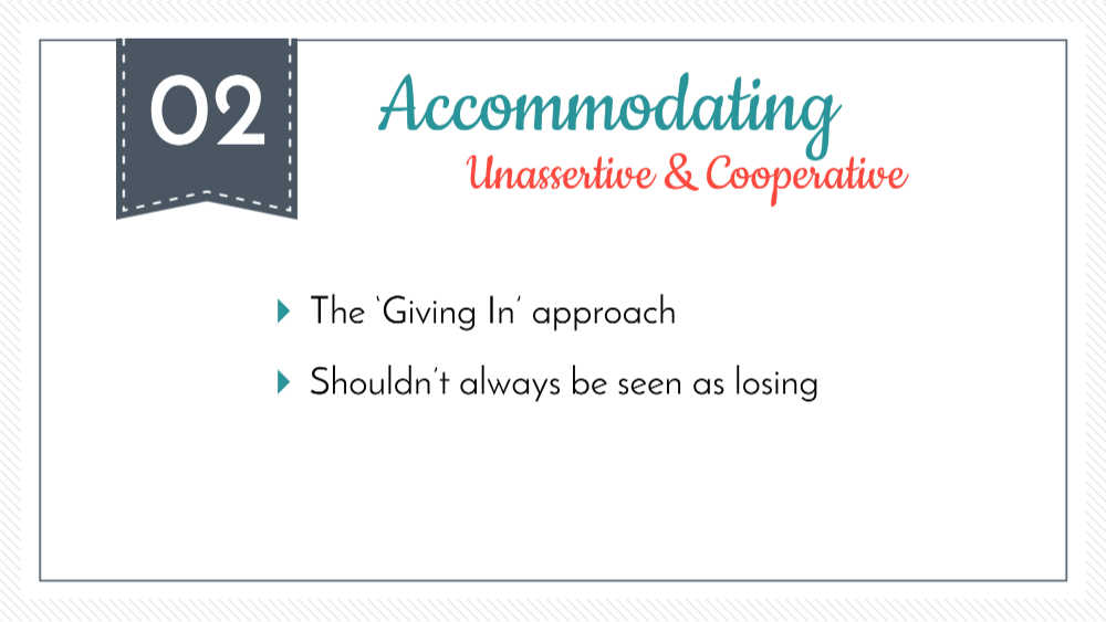 Screenshot of a slide showing Accommodating as an unassertive and cooperative conflict management strategy