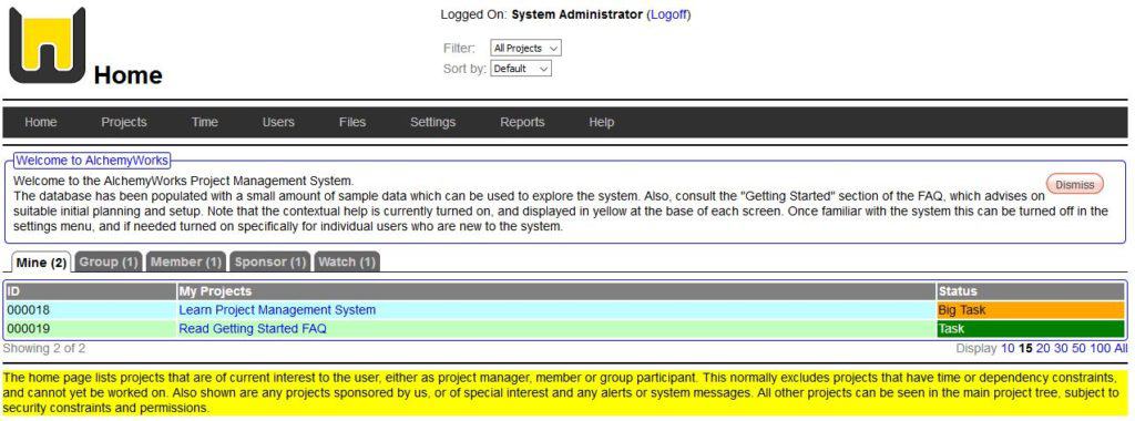 AlchemyWorks dashboard on login