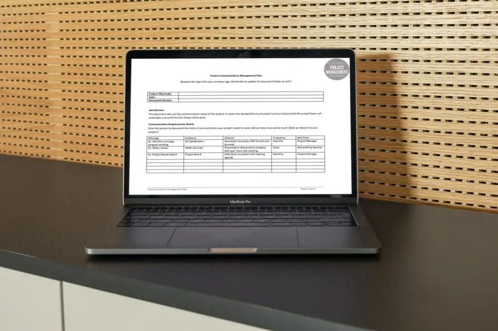 project communications plan template on a laptop screen