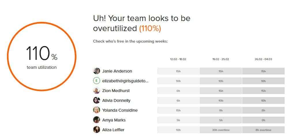 Warning about staff utilization in Teamdeck software