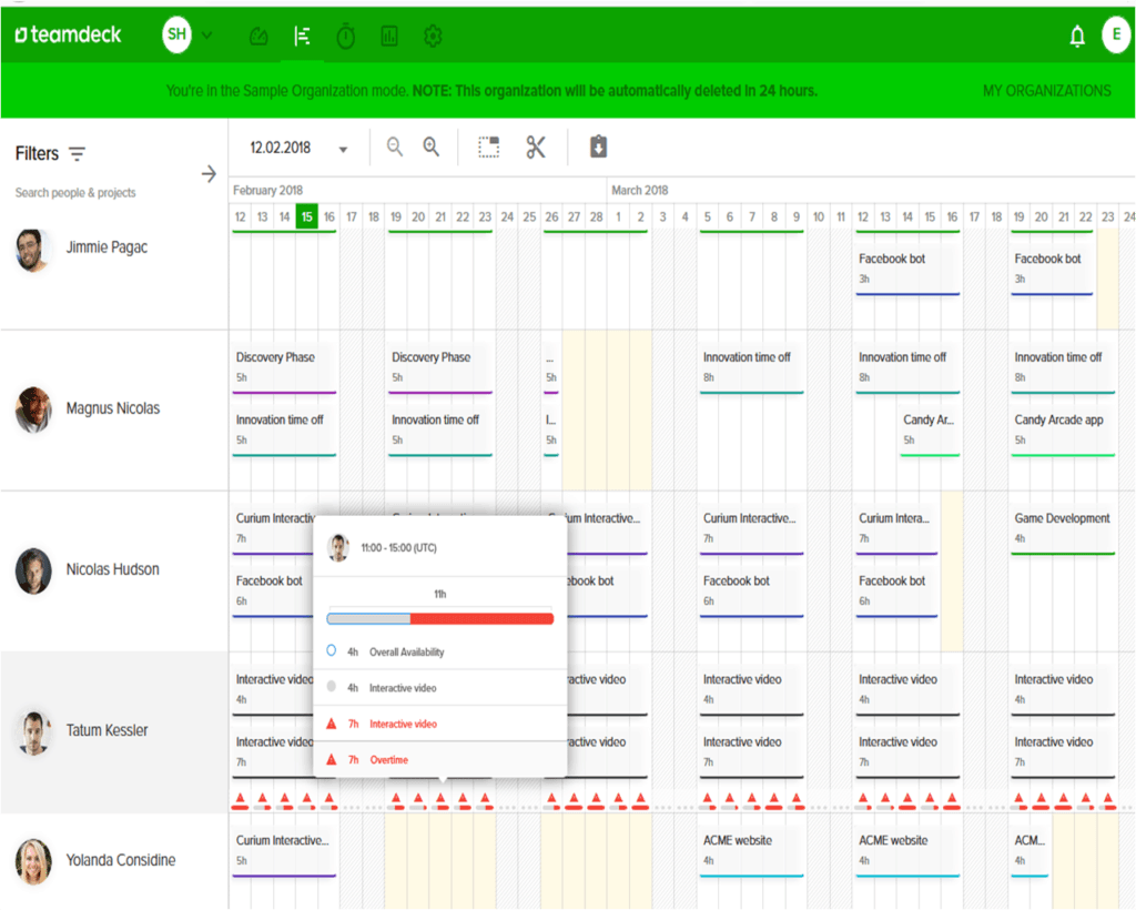 Team schedule in Teamdeck software