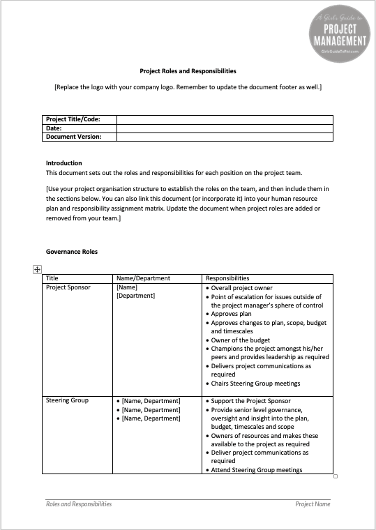 Example of the Roles and Responsibilities Template