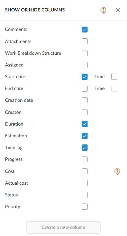 gantt chart column settings