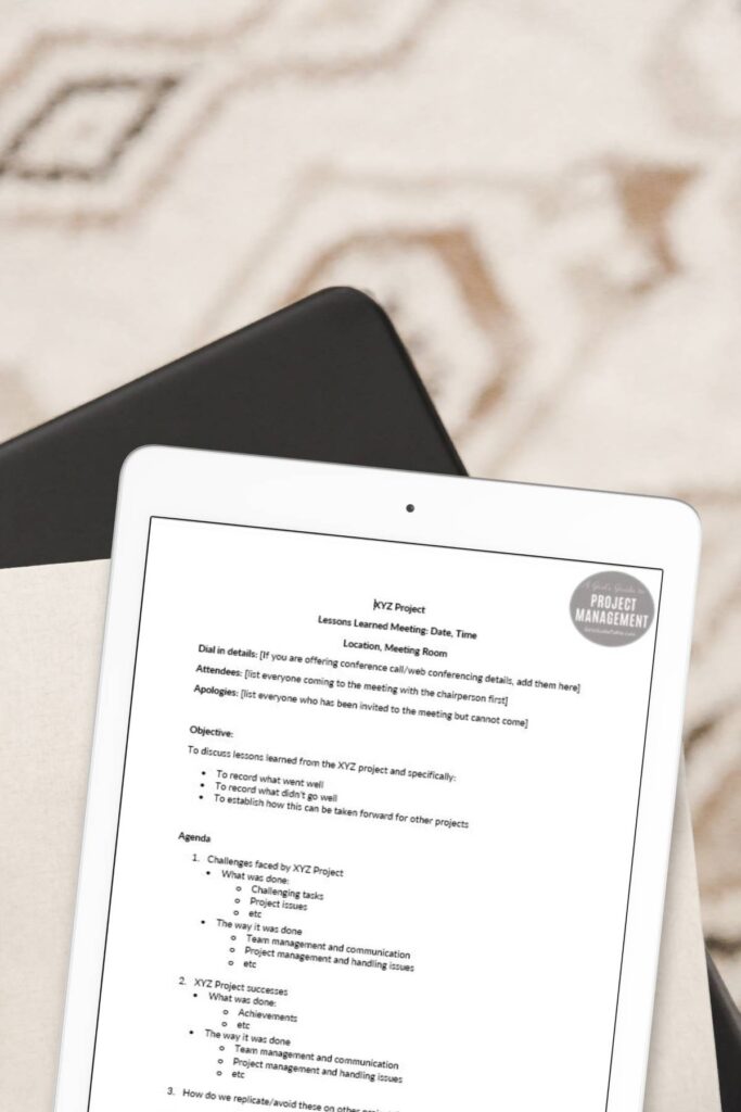 tablet displaying lessons learned agenda template