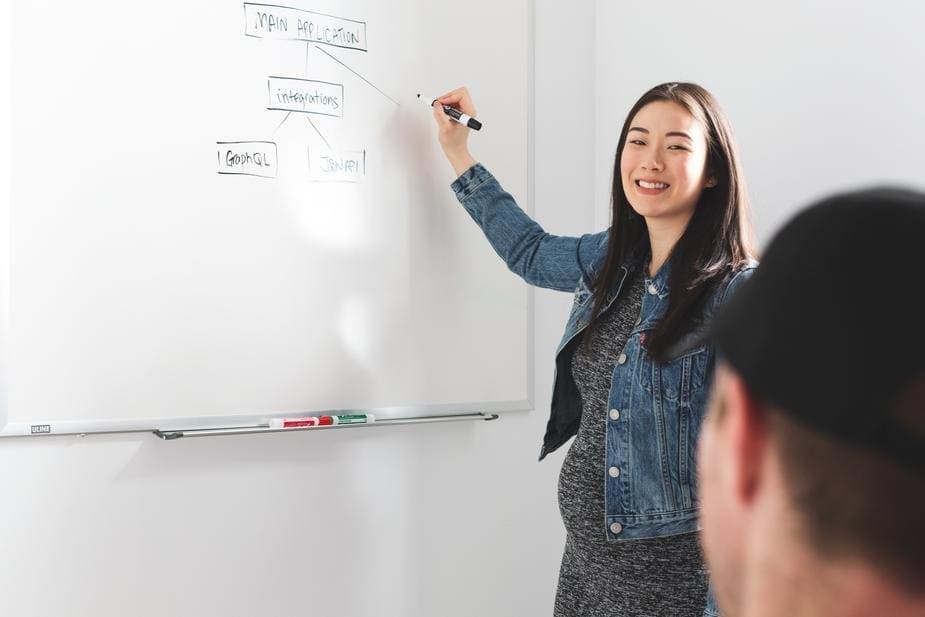 woman pointing at whiteboard
