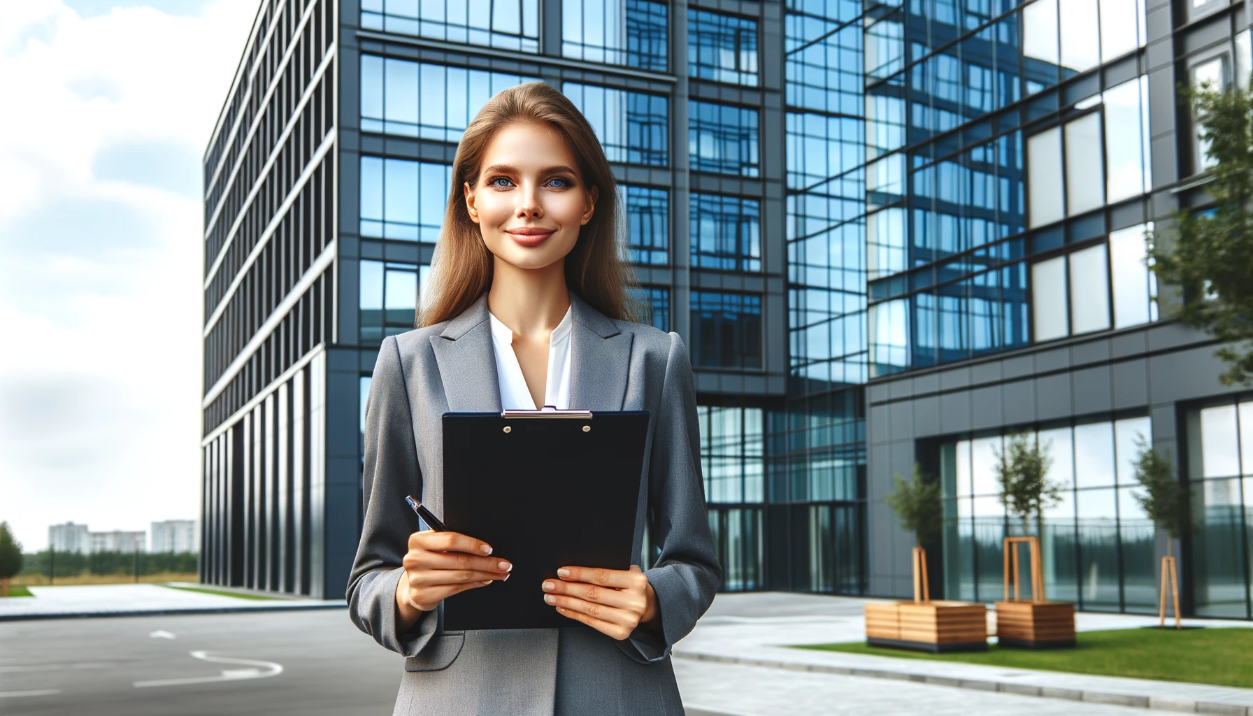 ChatGPT-created image of a woman outside an office building