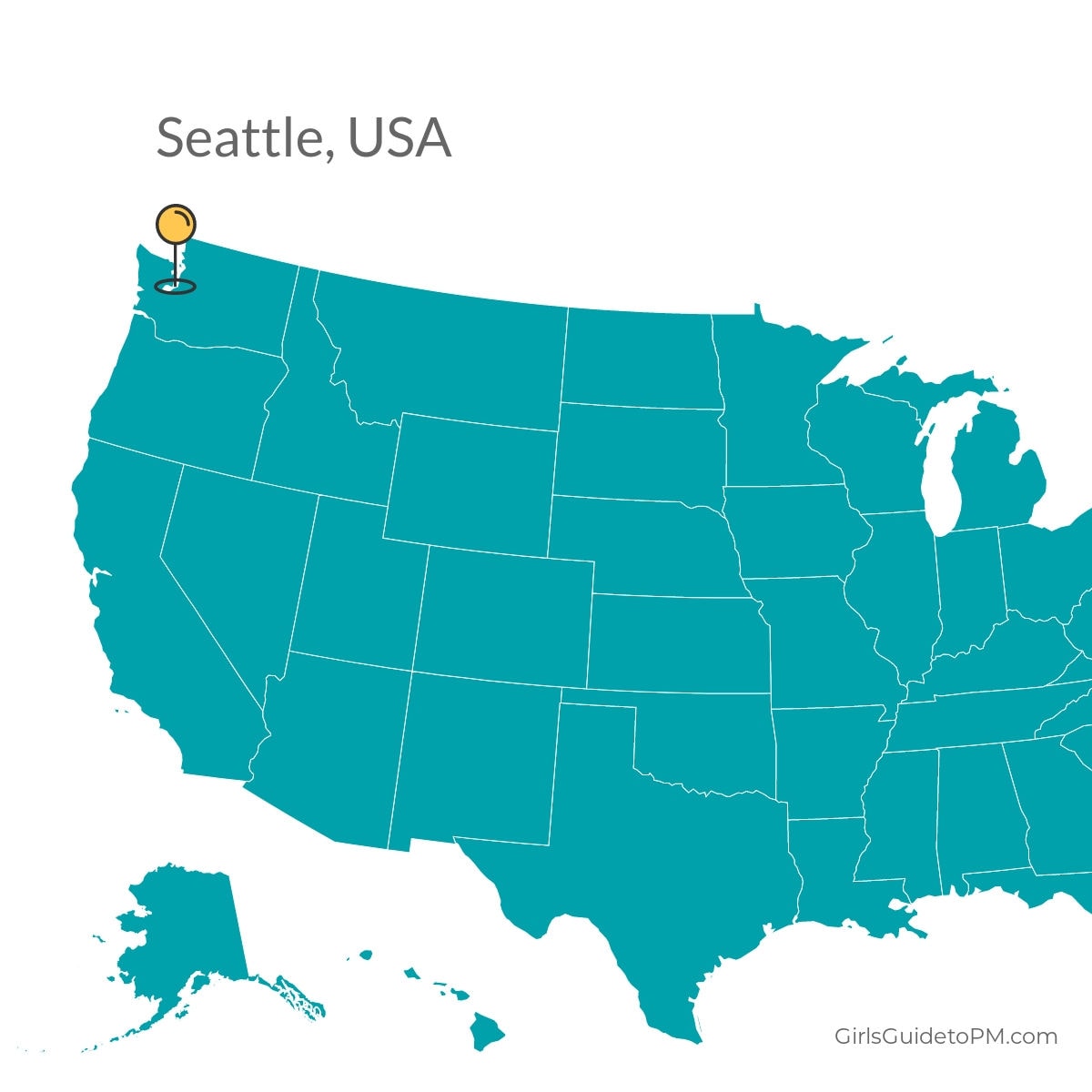 Map of USA with a pin in Seattle