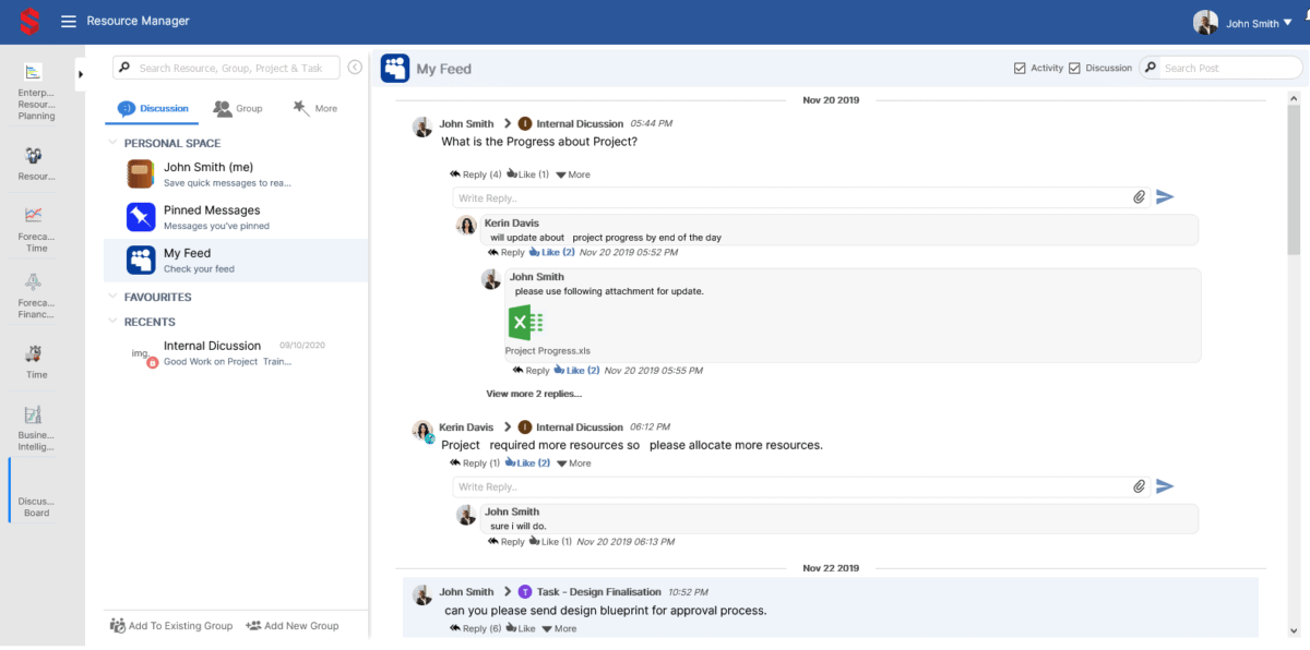 Saviom software screenshot showing the conversation feed