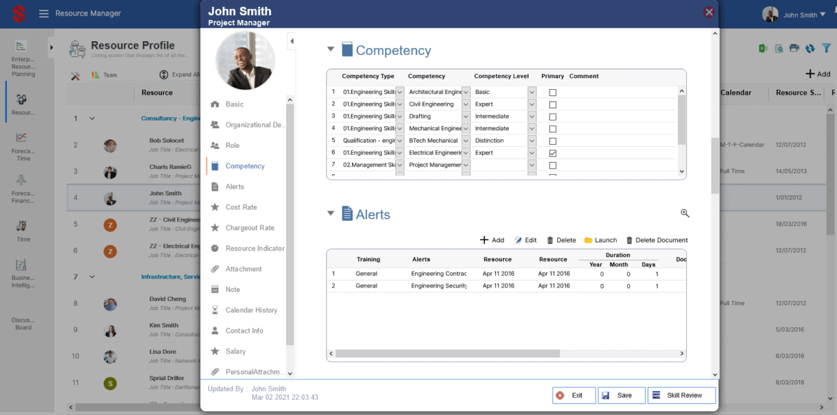 Competency database for resources. Screenshot of Saviom