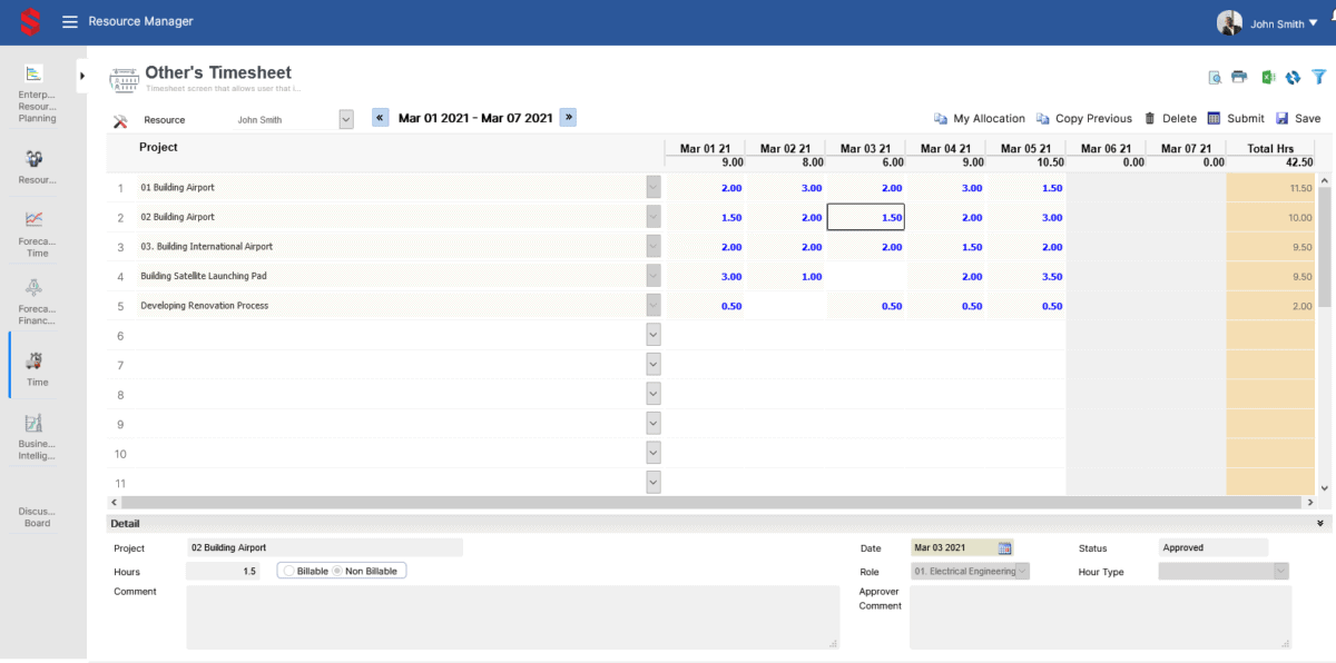 Graphical user interface of Saviom showing timesheet modules