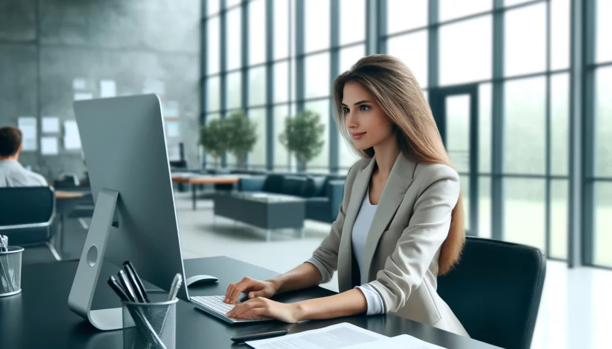 Female AI generated project manager wearing beige jacket working at a computer