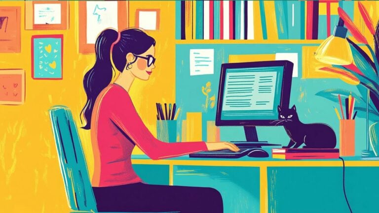 Woman sits at her home office desk with a cat, working on a compute