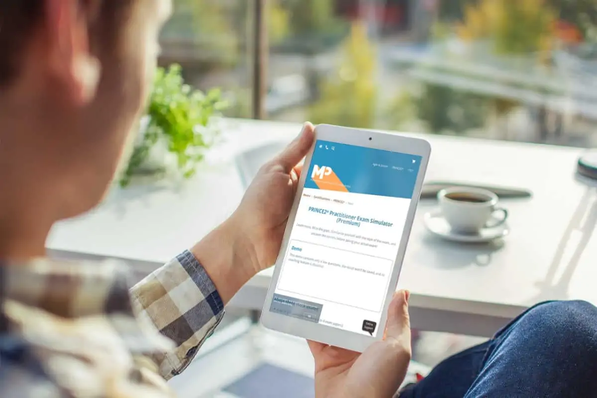 PRINCE2 exam simulator on a tablet