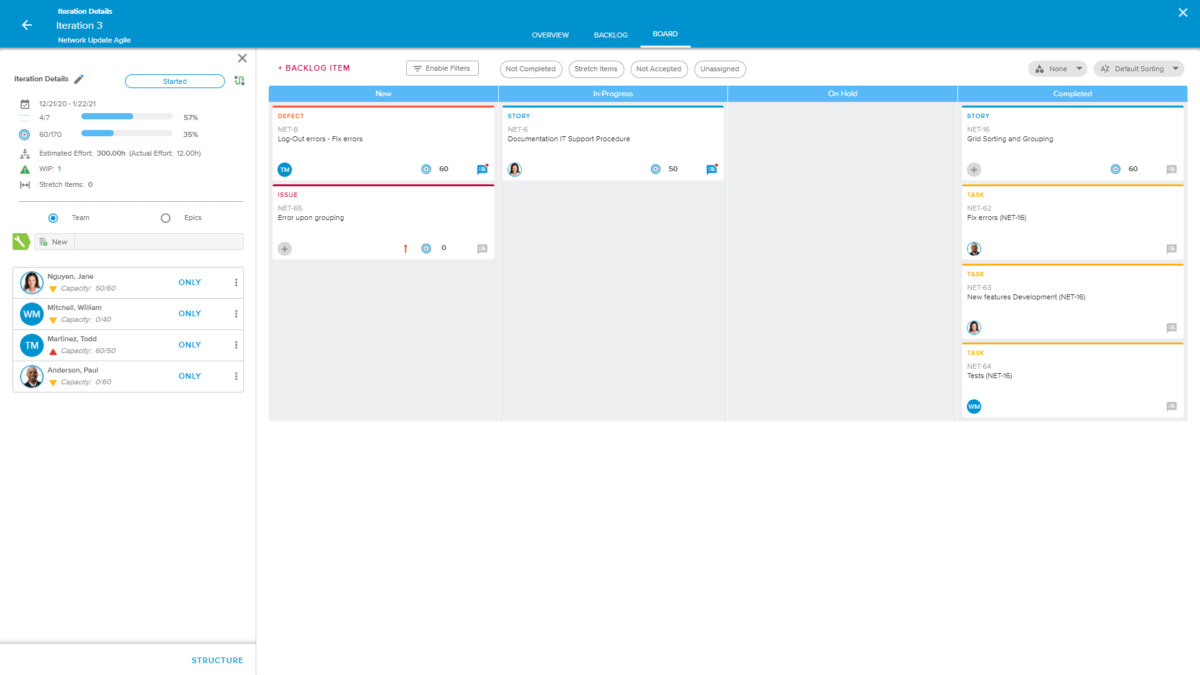 screenshot of a Sciforma Kanban board