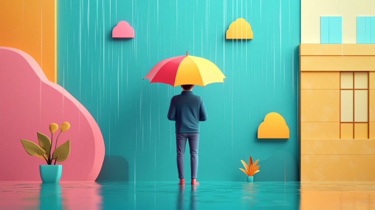 Man standing in the rain with a yellow umbrella