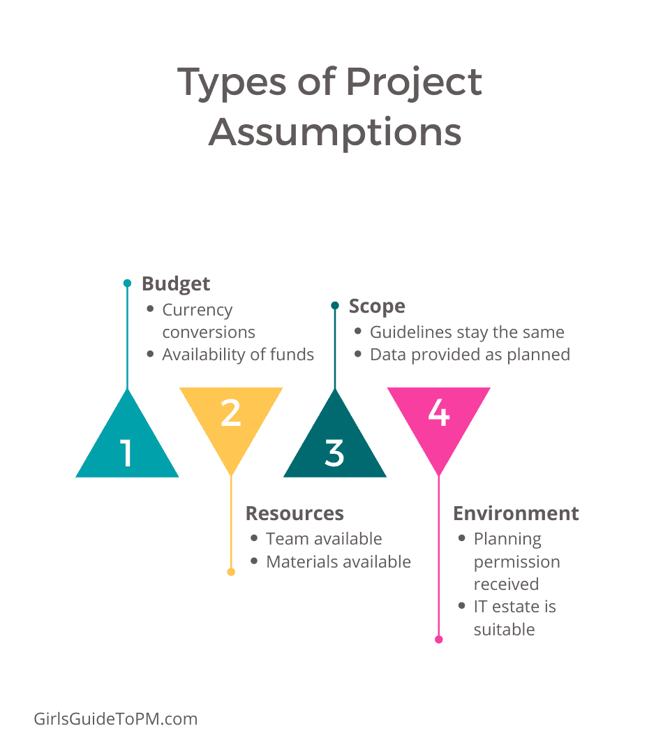 Types of project assumptions are budget, scope, resources and environment