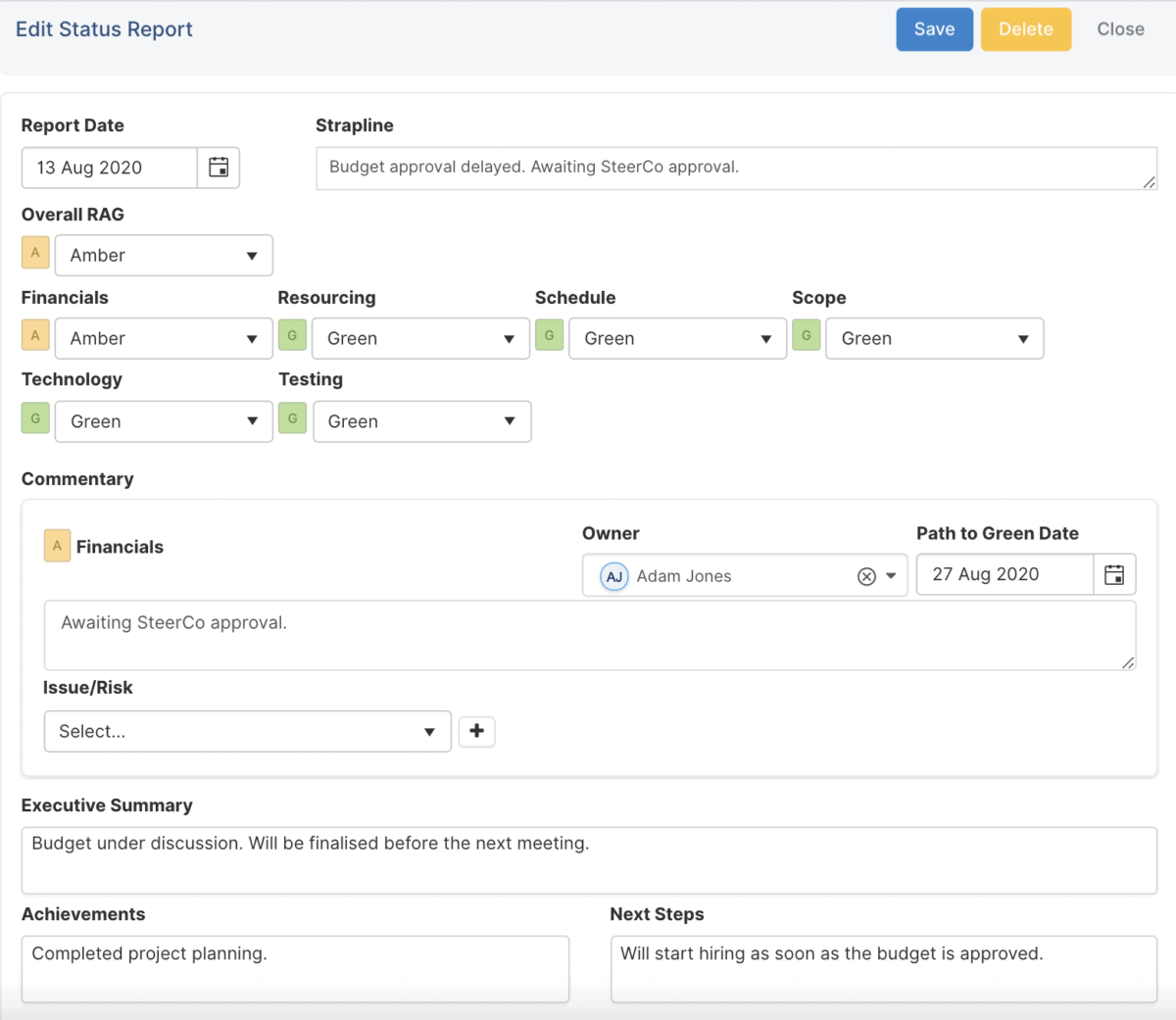 Status Report screenshot on Fluid.work