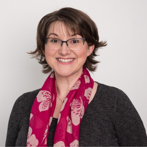 Elizabeth Harrin wearing a pink scarf