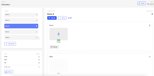 Estimating a story in online planning poker tool showing team results