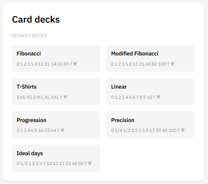 Screeenshot of the app showing available card decks including linear, T-shirts and progression.