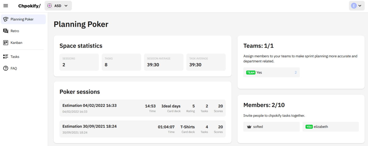 The Chpokify desktop showing workspace statistics, number of users and list of past sessions
