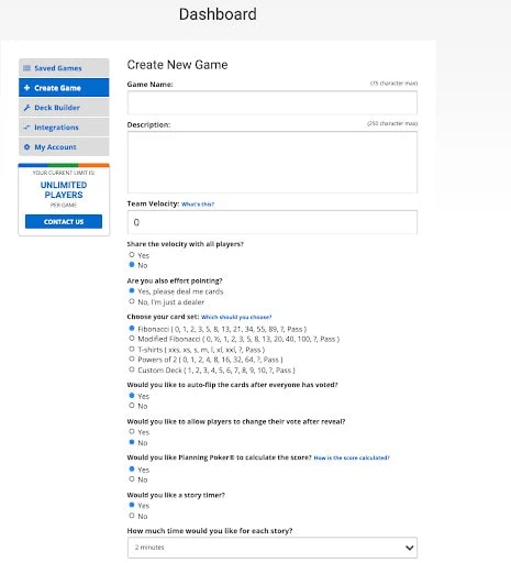 Planning poker dashboard for creating a new game showing different options you can choose like velocity