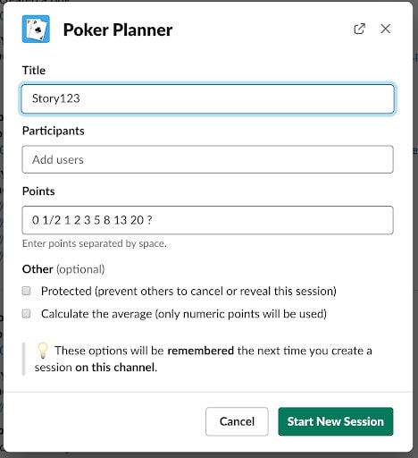 Slack plugin for planning poker showing story, participants and points for voting at the beginning of a new session