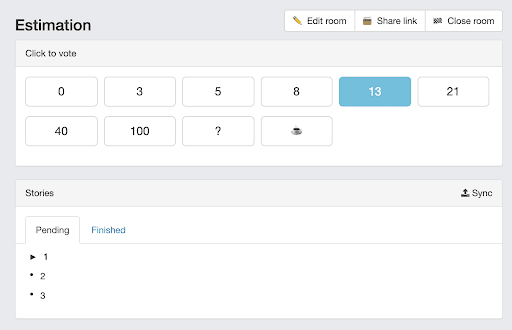 Screenshot of estimating in Pokrex with numbers to choose from, coffee card and question card