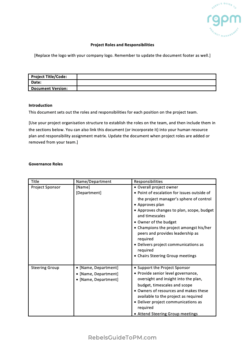 Roles And Responsibilities Template