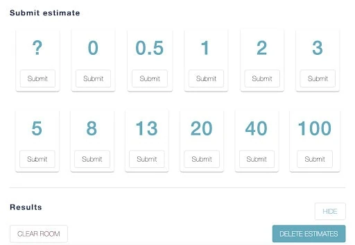 Set of scrum poker cards showing estimates of story points