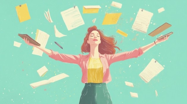 Woman surrounded by falling paper
