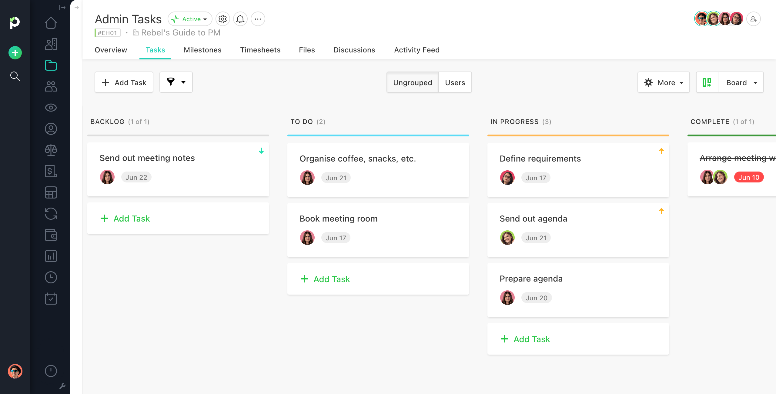 Kanban board view, screenshot of Paymo