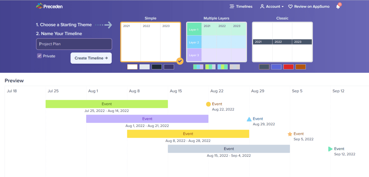 Starting screen of Preceden showing three themes and the box to name your timeline