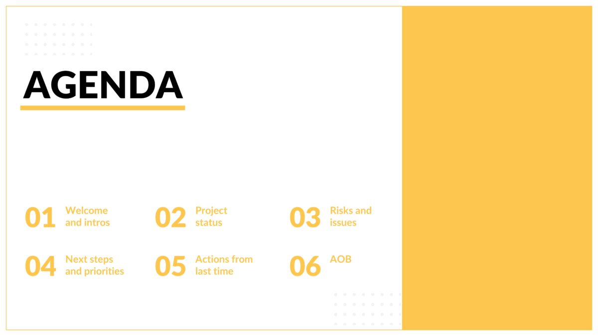 Project board agenda on a yellow PowerPoint slide template