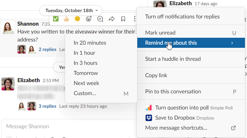 Menu in Slack showing the reminder options