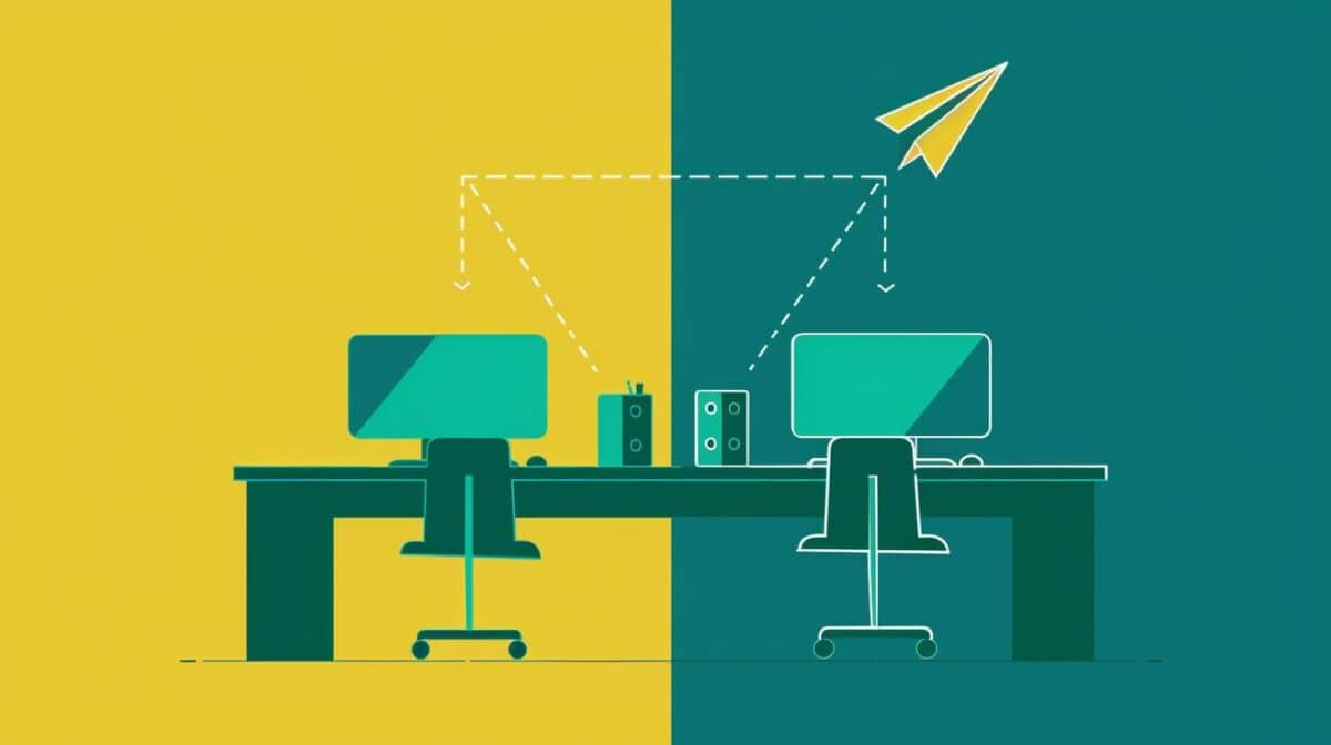 Paper airplane flying between two computers