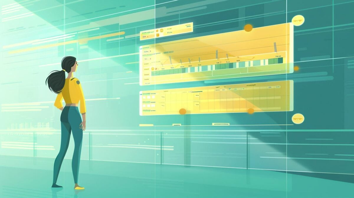 Woman standing in front of a timeline