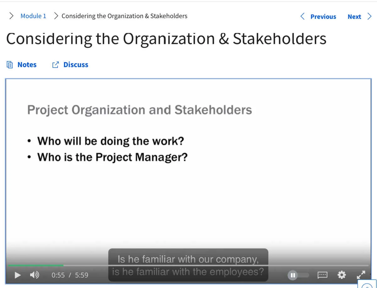 screenshot of Coursera Fundamentals of Project Planning and Management training slides