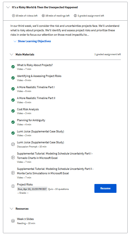 Screenshot of the risk module contents list