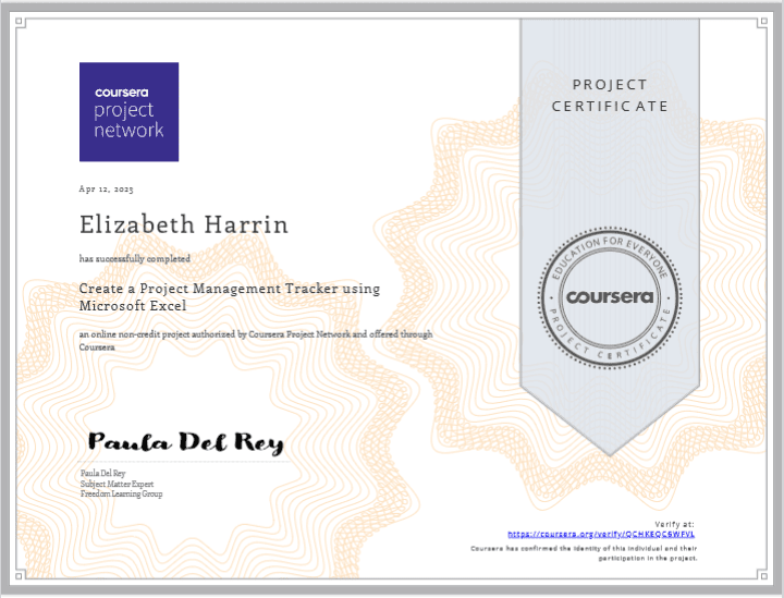 My certificate from Coursera for creating an Excel tracker
