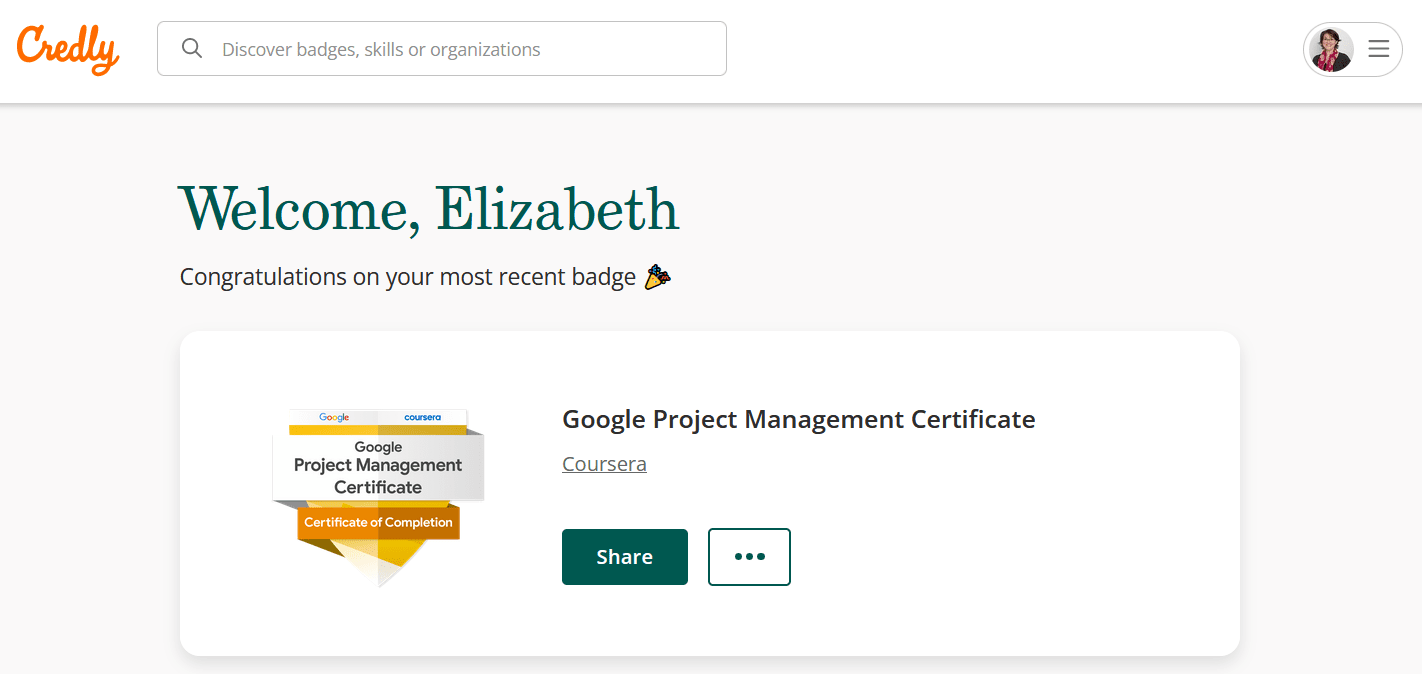 Google PM certificate on Credly