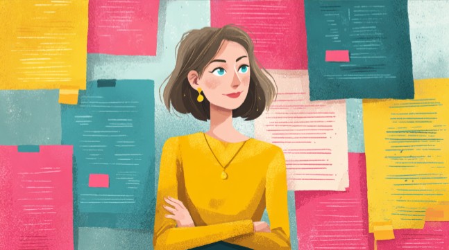 Female project manager stands by a wall of documents