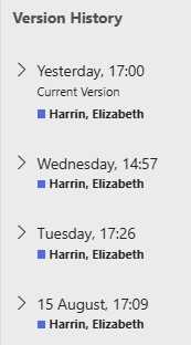 Screenshot of Teams history of a document showing versions