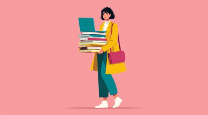 Woman carrying a pile of books and a laptop