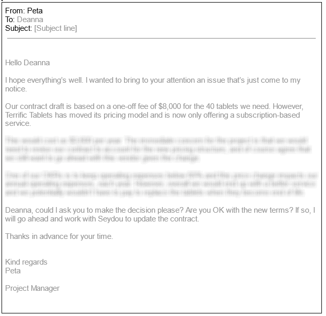 Email to senior stakeholder asking for a decision. Text blurred out. Google Project Management capstone requirement.