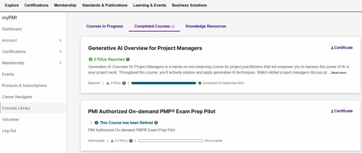 PMI courses catalog showing my courses