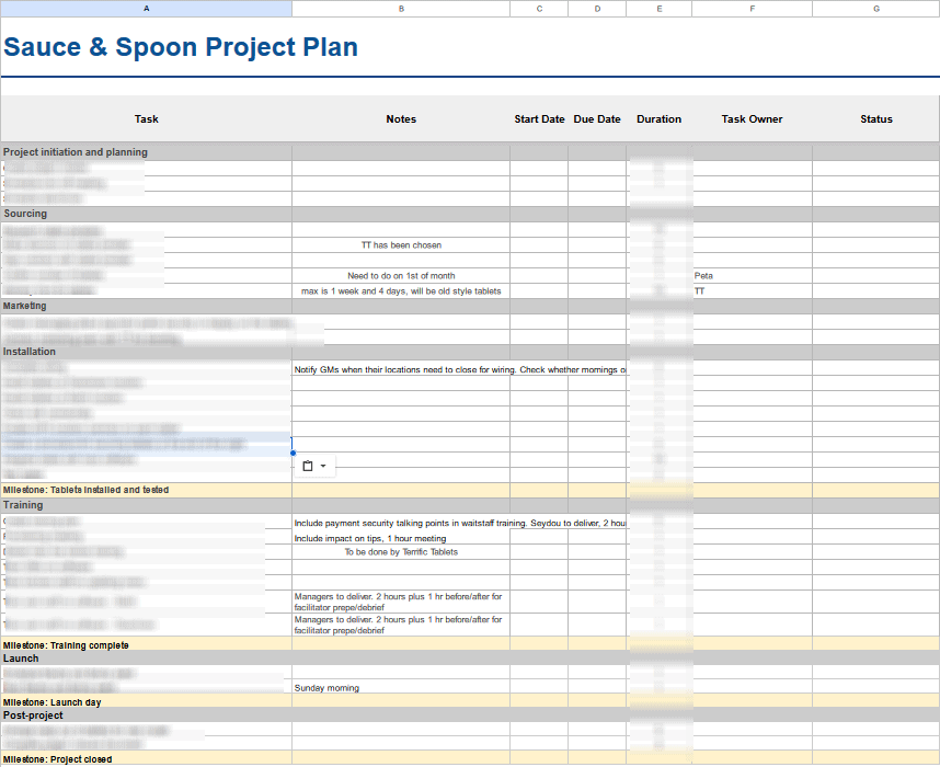 Project plan in Google sheets for Sauce & Spoon capstone assignment. Text blurred out.